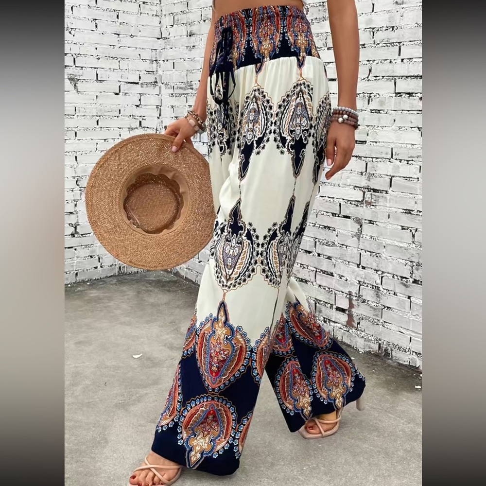 Plus size boho  paisley floral print belted wide leg pants - Picture 5 of 6